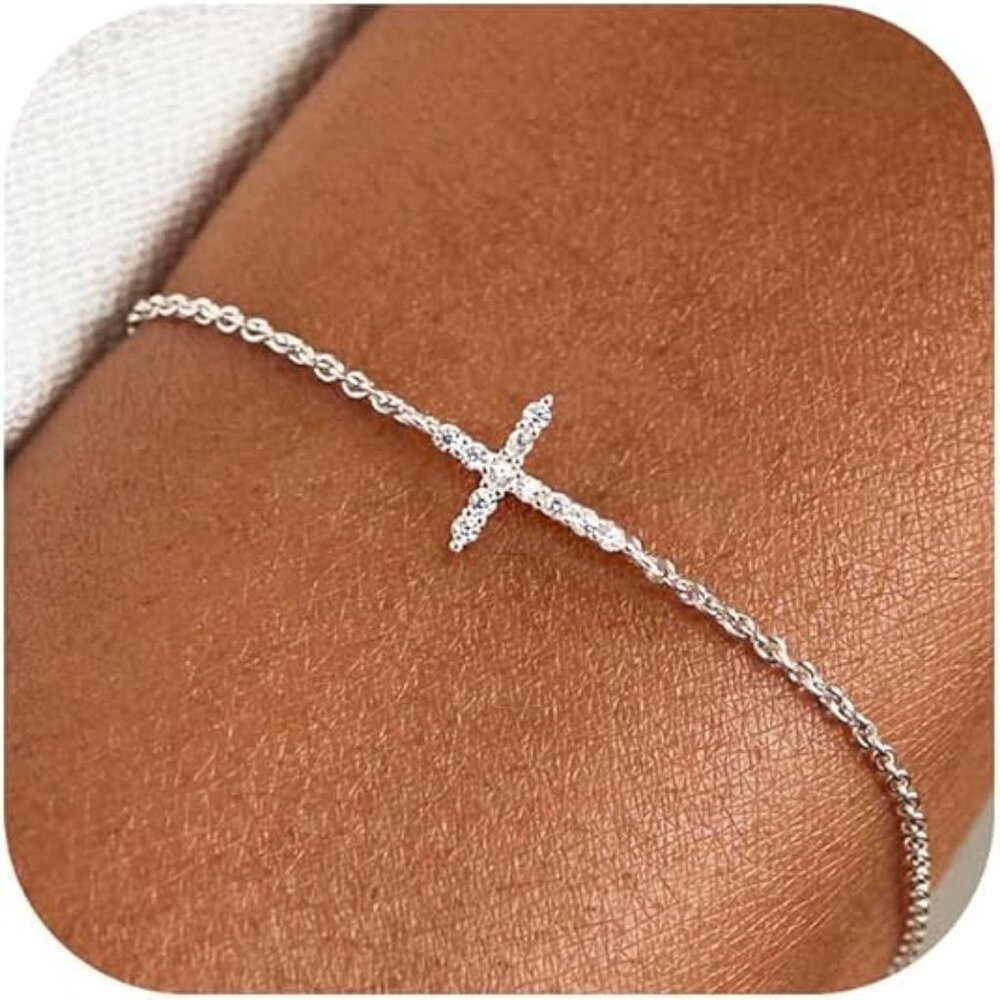 925 Sterling Silver CZ Bracelet - CZ Cross Bracelet Silver